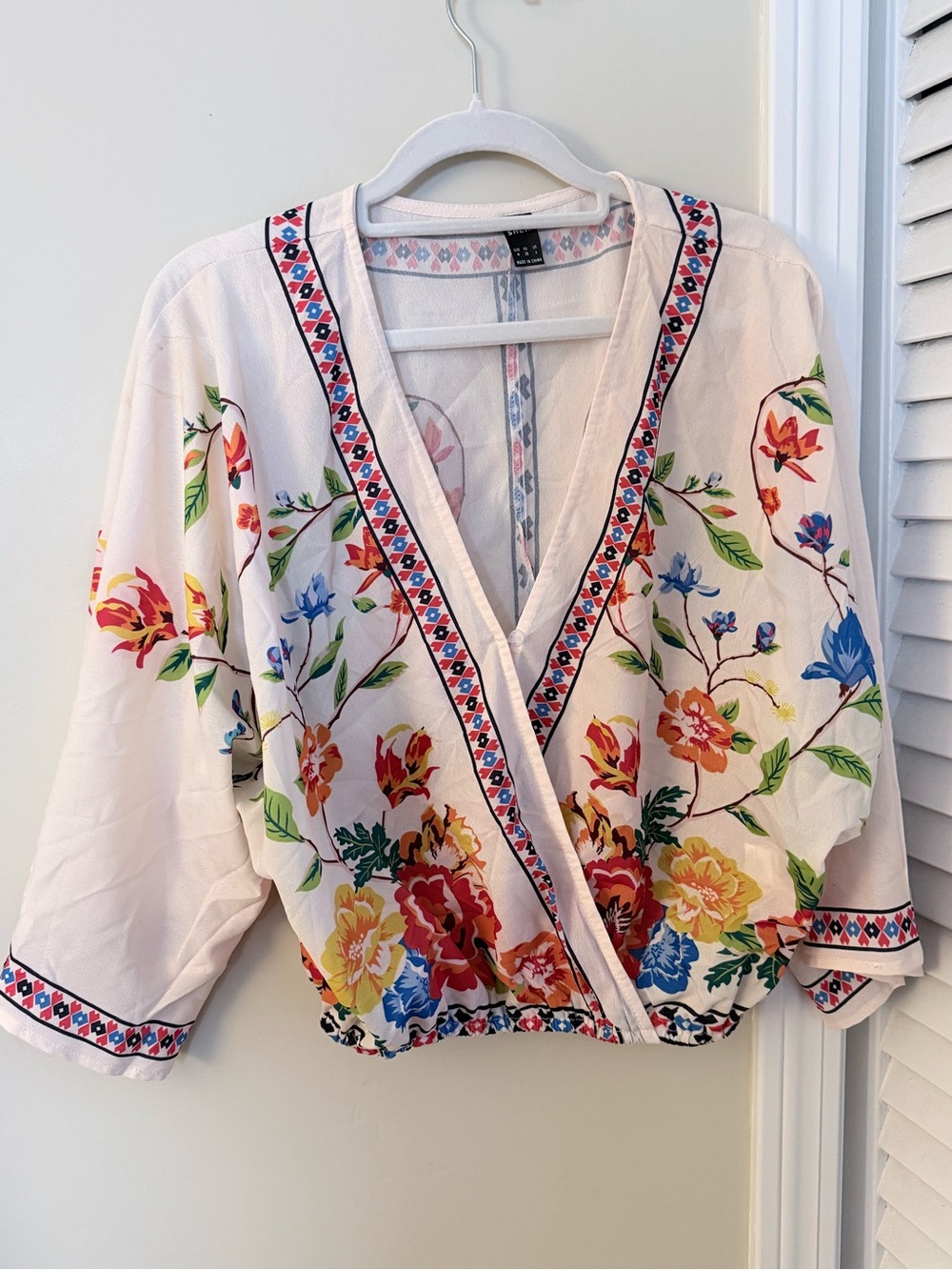 SHEIN White Floral Wrap Tunic with Multicolor Embroidery